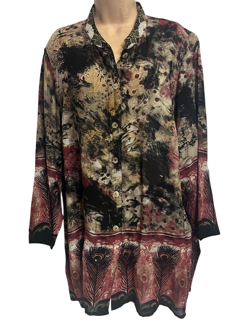 Citron Santa Monica Asian Sheer Button Down Black Sequins Tunic Top Blouse 1X